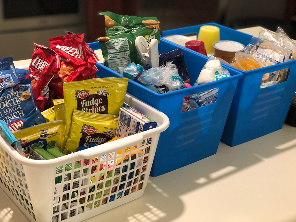 organize lunch snacks with bins from the dollar tree for your pantry